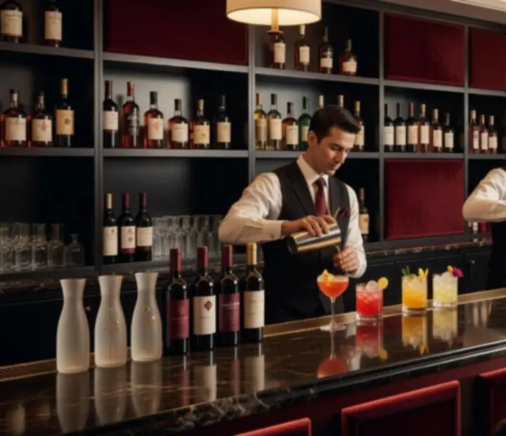 Bar area with premium drinks and moody lighting beside the restaurant