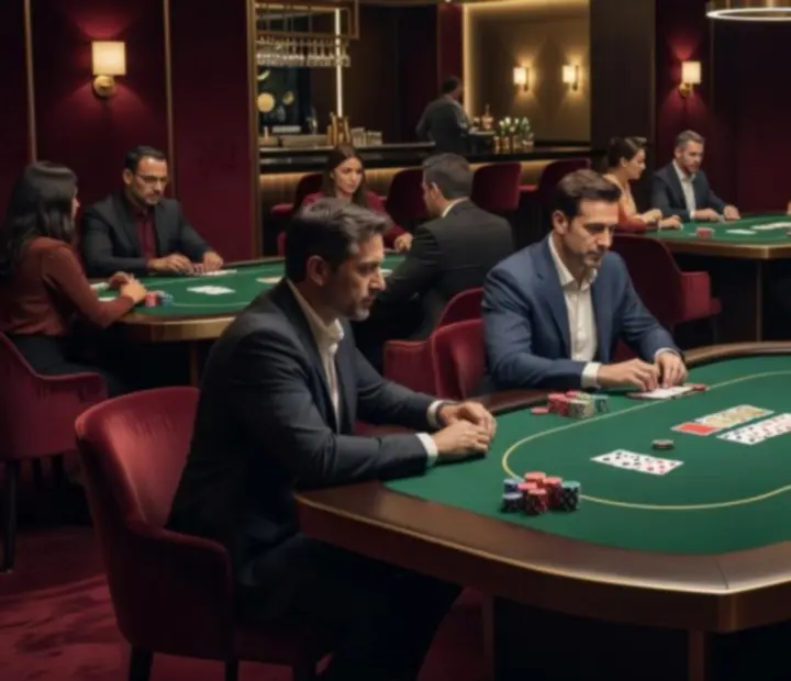 Ambient card room during a Texas Hold'em tournament with warm lighting and players seated at poker tables