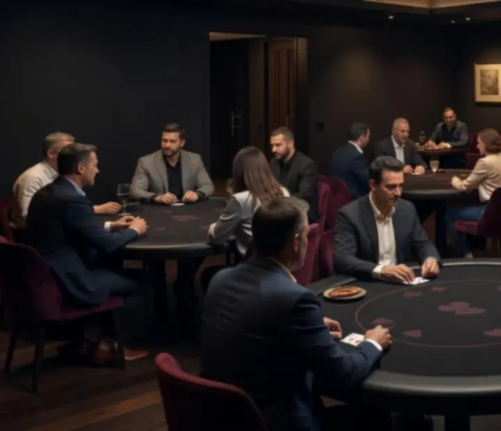 Moody Australian poker card room with restaurant seating and poker tables prepared for offline poker.