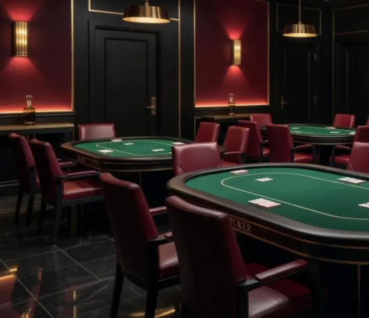 Moody Australian poker card room interior with green felt tables and matte-black finishes
