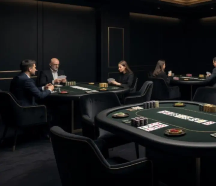 Moody card room lighting casting warm tones over restaurant and poker tables