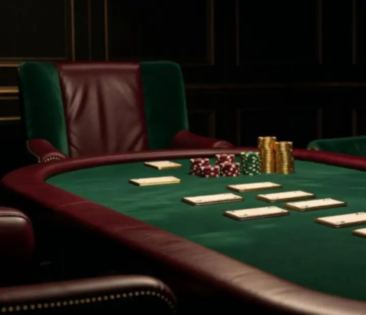 Exclusive card room interior with moody lighting, muted gold accents, and premium poker seating