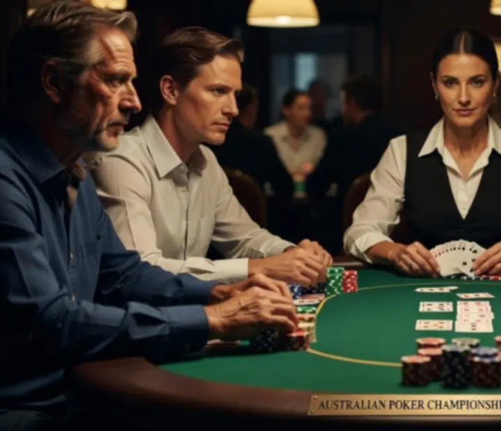 Poker players concentrating at a final tournament table with cards and chips in play