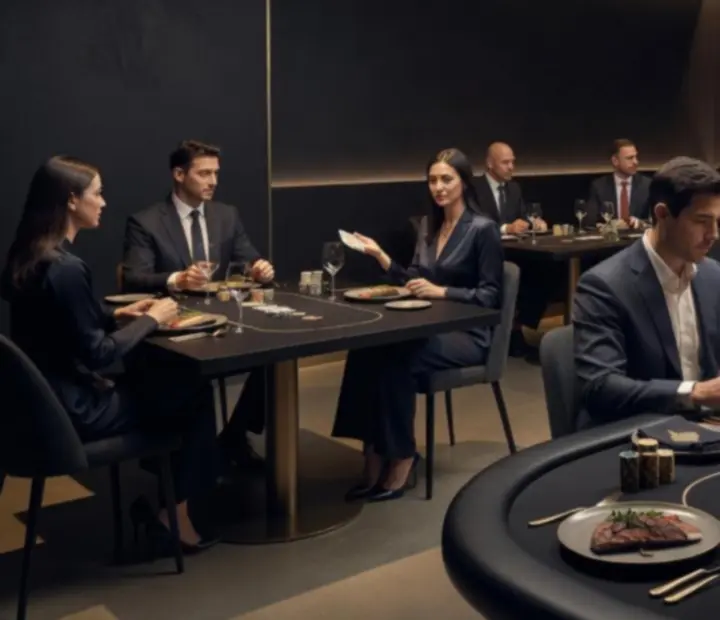 Cinematic view of a restaurant beside a live poker card room in Australia, with guests dining and playing at poker tables