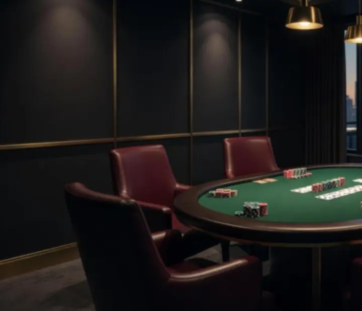 High roller poker card room with moody lighting, premium tables, and chips arranged on green felt