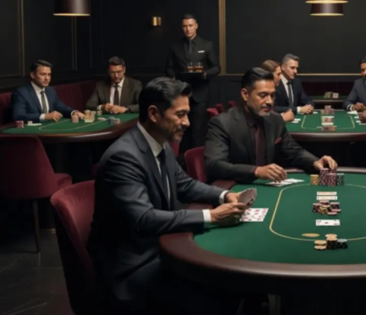 Poker players at tournament tables under cinematic lighting during a poker night at Riverand Marble card room