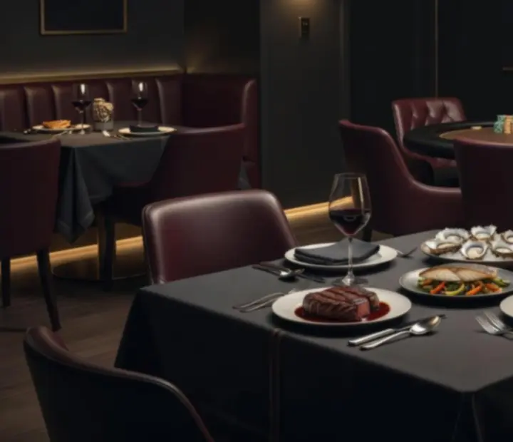 Guests enjoying refined dining near a poker room with warm lighting and dark interiors