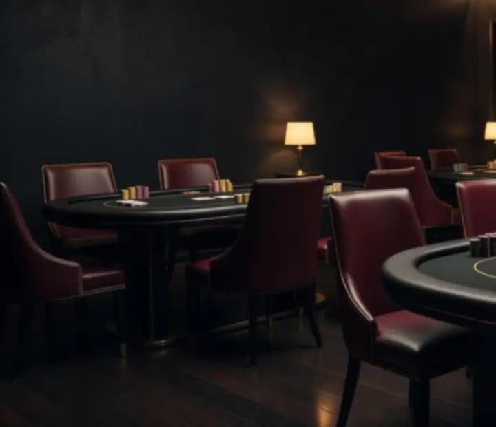 Cinematic Australian poker card room with dark lighting and premium poker tables