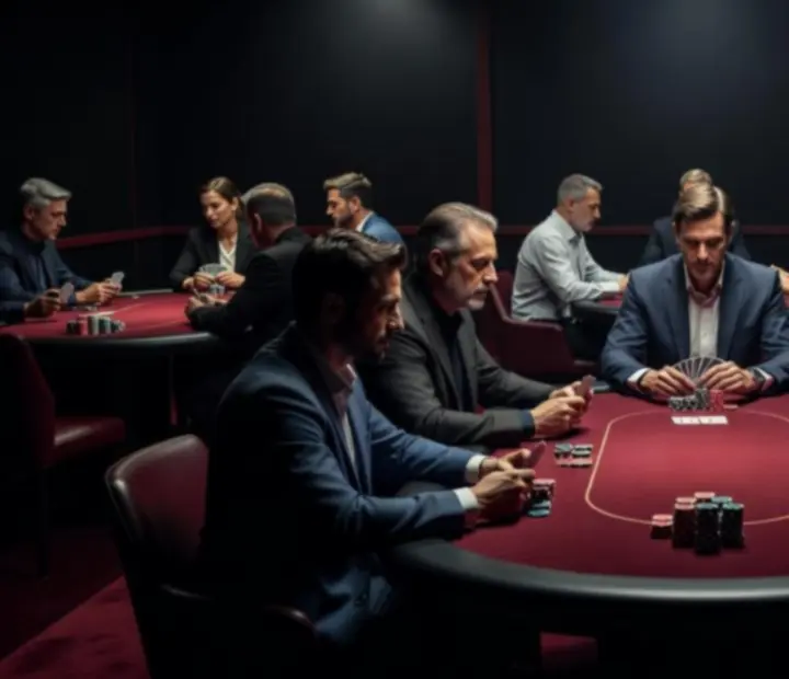 Tournament poker tables set under cinematic lighting inside a dedicated card room