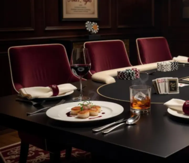 Premium restaurant dishes and drinks served beside a high roller poker table