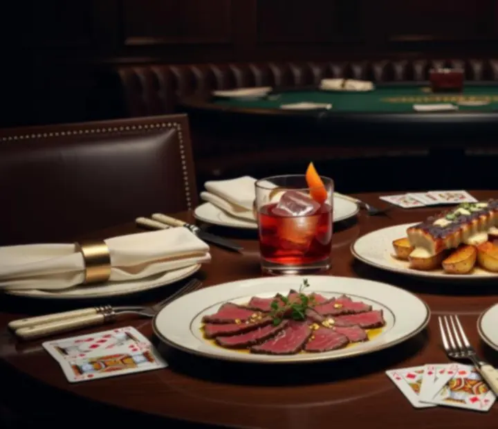 Premium Australian restaurant dishes presented on a dark table beside poker chips and cards