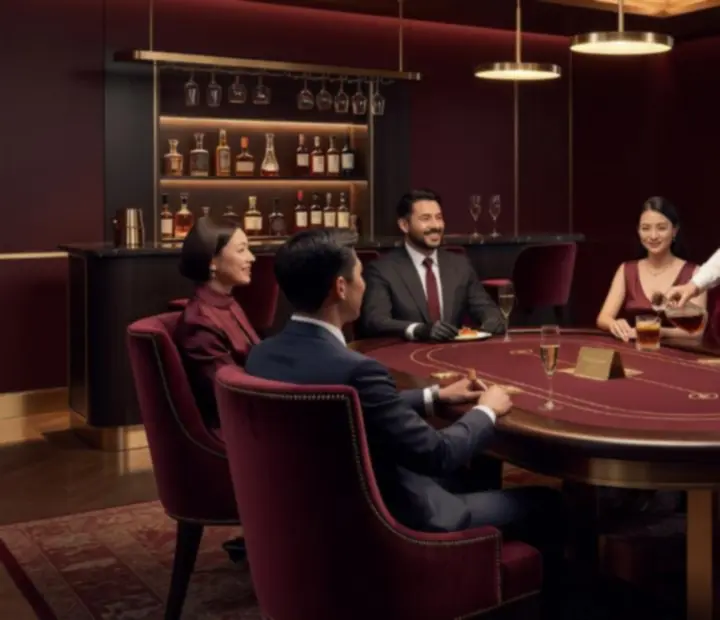 Intimate poker room set for a private offline poker and dining event with felt tables and ambient lighting.