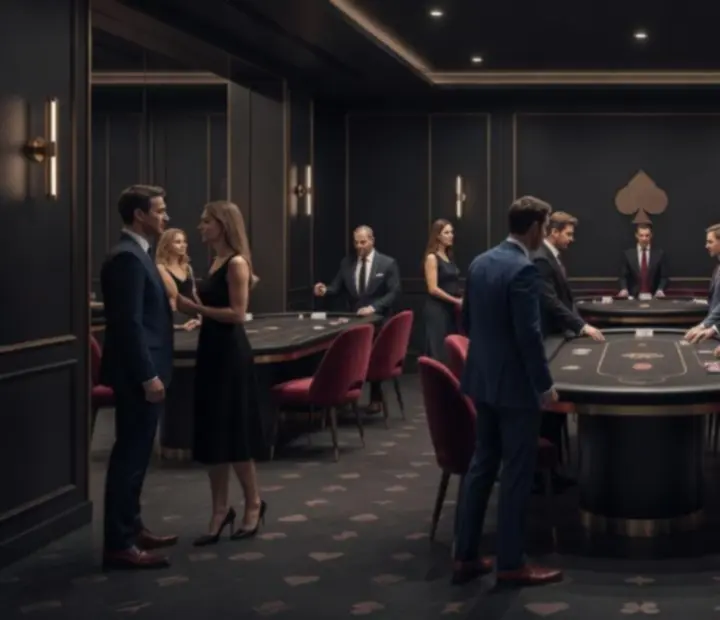 Guest choosing between poker nights and Texas Hold'em tournaments at a stylish card room