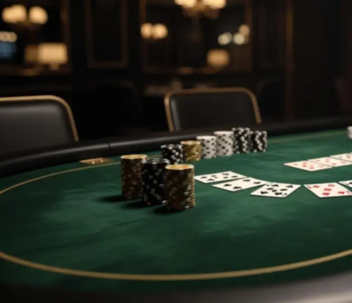 Professional poker table with cards and chips ready for live Texas Hold’em at Riverand Marble