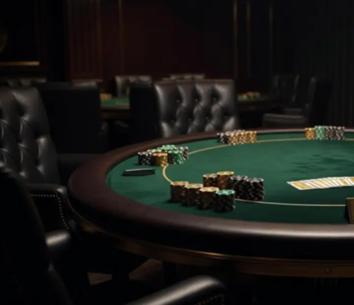 Reserved poker tables prepared for a high roller poker night with chips and cards neatly arranged