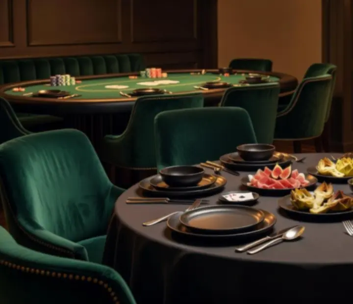 Cinematic restaurant table setting prepared for a special dining and poker event