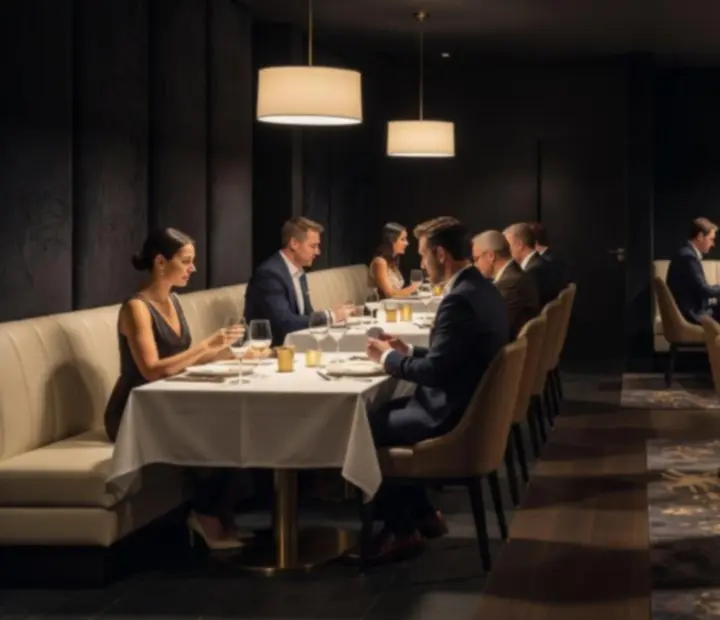 Moody Australian restaurant interior beside an offline poker card room at Riverand Marble