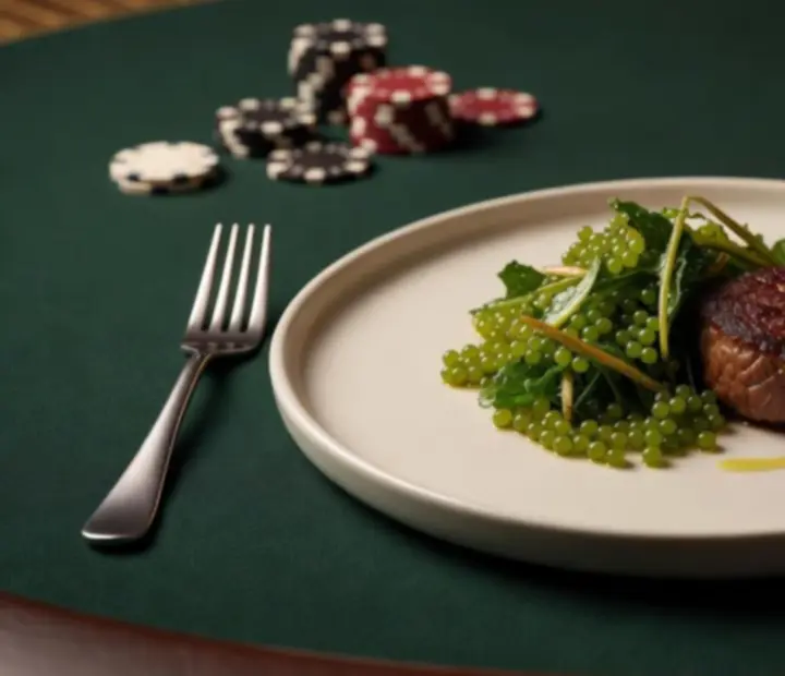 Refined plated dish styled for a premium restaurant near a card room