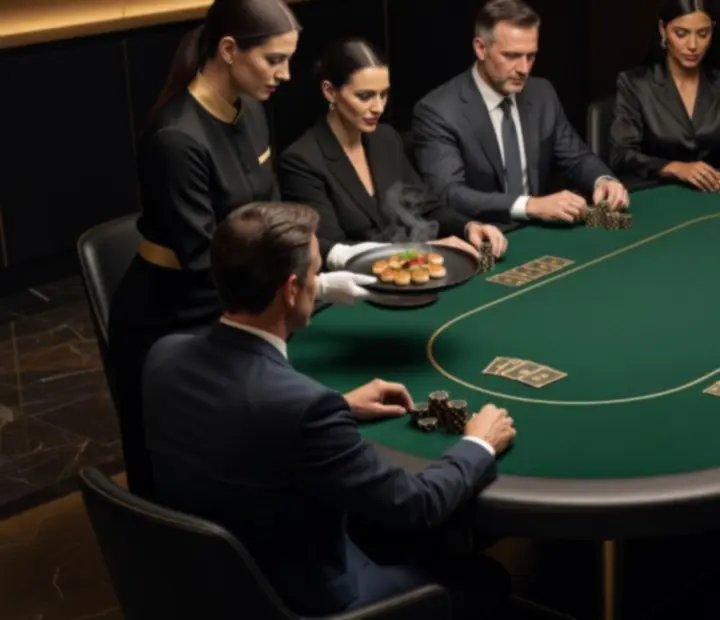 Table service near poker cards and chips in an offline poker room